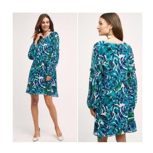 ANTHROPOLOGIE Chloe Oliver Parterre Swing Dress Blue Green Size XS Tropical - Picture 2 of 9